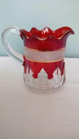 Vintage Small Pattern Glass Pitcher Red And Clear Crystal With A Little Gold Tri