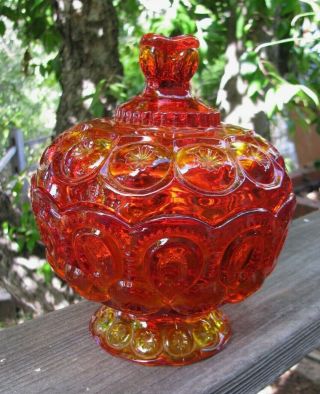 Vintage L.  E.  Smith Glass Co Red Amberina Glass Covered Candy Dish Mcm