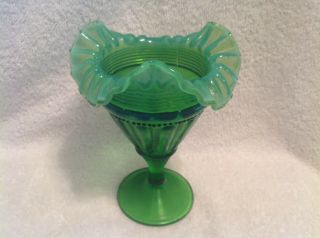 Vintage Jefferson 1906 Green Opalescent Glass 7 " Tall Fluted Bars & Beads Vase