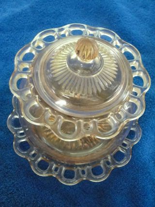 Hocking Old Colony Open Lace Pink Depression Glass Cookie Jar With Lid & Plate