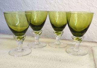 Vintage Set Of 4 Hand Blown Green Cordial Glasses W/clear Stem 2.  0 Fl Oz Euc