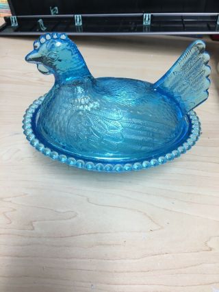 Vintage Indiana Blue Glass Chicken Hen On Nest Candy Dish W/ Lid Euc