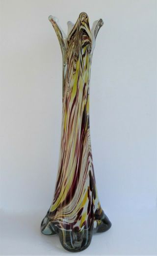 Tall Dramatic Murano Style Art Glass Vase With Splash Rim Red Brown Ochre Yellow