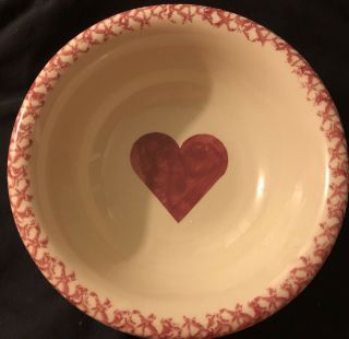 Henn Pottery Cranberry Cream Spongware Hearts Round Bowl & 2 Candle Holders