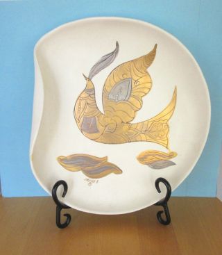 Sasha Brastoff Vintage Folded Curled Edge Decorative Plate Gold & Silver Dove