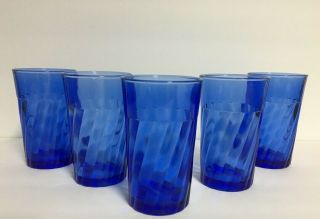 (5) Vintage Cobalt Blue Tumbler Glasses Twist Swirl Design 7oz