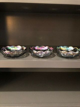 Set Of 3 Irridescent/carnival Glass 5 1/2” Diameter Glass Bowls