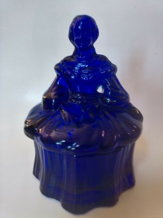 Mosser Glass Cobalt Blue Colonial Lady Trinket Box Powder Dresser Jar W/ Label