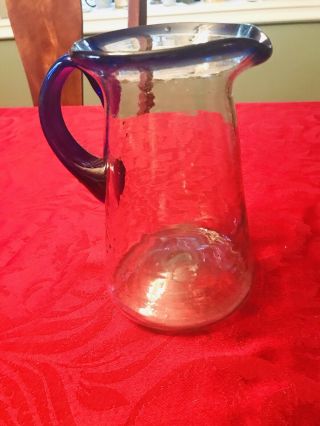 Mexican Hand Blown 8” Tall Glass Pitcher With Colbalt Blue Trim Bubble Glass