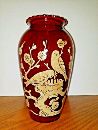 Collectible Vintage Anchor Hocking Royal Ruby Red Glass Vase Hand Painted Birds