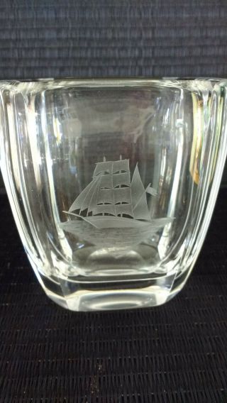 Vintage Orrefors Sweden Crystal Art Glass Vase W Etched Viking Ship Signed