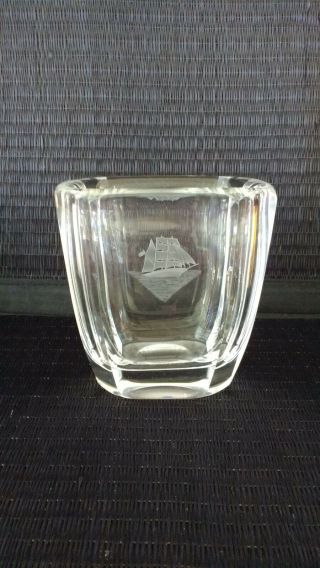 Vintage Orrefors Sweden Crystal Art Glass Vase w Etched Viking Ship Signed 2