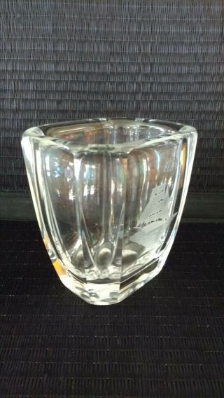 Vintage Orrefors Sweden Crystal Art Glass Vase w Etched Viking Ship Signed 3