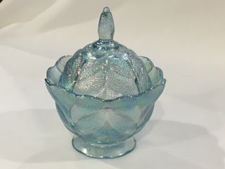 Le Smith Iridescent Ice Blue Covered Candy Dish Leaf Design Vintage