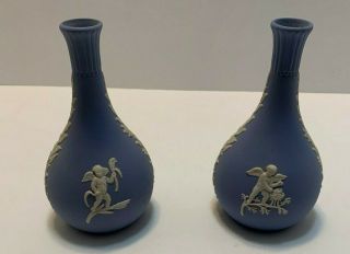Wedgwood White On Blue Jasper Ware Bud Vase Set 2 - Cherubs And Leaves Design