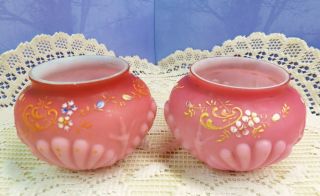 Antique Pair Consolidated Art Glass Pink Satin Glass Vanity Jars Shell & Seaweed