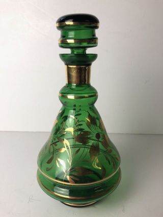 Vintage Venetian Emerald Green Glass Decanter,  Gold Floral Pattern