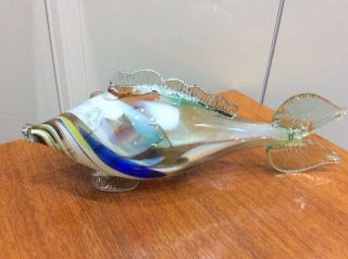 Vintage,  Murano Glass Fish,  Clear,  White & Coloured Glass