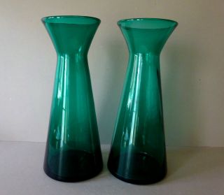 Two Vintage Green Glass Hyacinth Bulb Vases