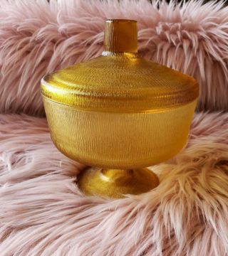 Vintage Yellow Amber Glass Catchall / Candy Dish With Lid.  Flawless