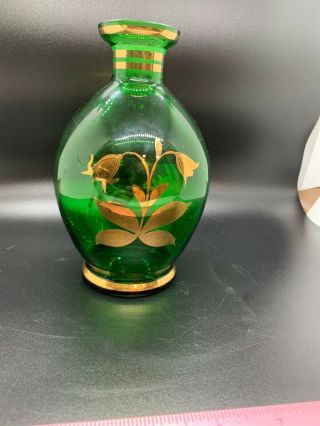 Vintage Emerald Green Glass Venetian Vase w/ Gold Accent Trim.  Hand Painted Stag 2