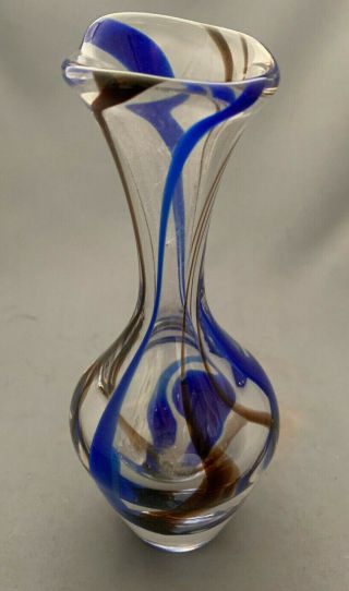 Signed Studio Glass Bud Vase Blue And Brown Streaks.