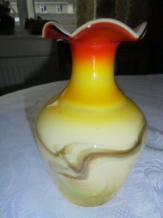 Murano glass vase Yellow/Orange swirl fluted top vgc 2