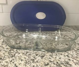 Pyrex Divided Clear Glass Dish/bowl 5 1/2 Cup 13 L 11.  5 Inches 8301 With Lid