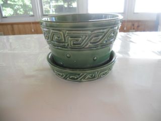 Vintage Mccoy Flower Pot Planter Green Greek Key W/ Attached Saucer 5 3/4 " Top