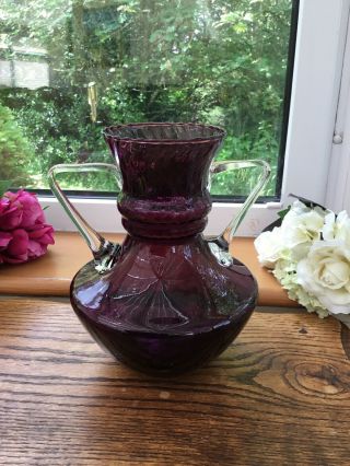 Vintage Large Heavy Hand Blown Cranberry 2 Handled 10” Glass Vase