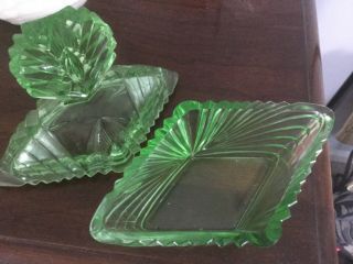 Vintage Depression Glass Green Diamond Shape Dish With Ornate Lid