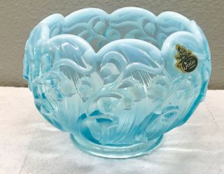 Fenton Blue Opalescent Lily Of The Valley Rose Bowl