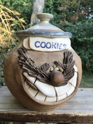 Vintage Happy Man Signed Mahon Hand Made Stoneware Pottery Funny Face Cookie Jar
