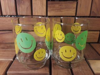 Vtg Libbey Drinking Glasses Green & Yellow Happy Smiley Faces Set Of (2) - Guc