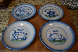 Set Of 4 M.  A.  Hadley Pottery Bread Dessert Plates Animals Dog Lamb Pigs