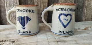 Two (2) Rare 1970s By Harvey Ocracoke Island Glaze Blue Design Mug Heart