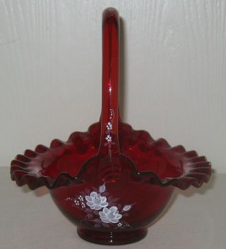 Fenton Art Glass Ruby Red Crimped 7.  5 " Basket Hand Painted By Kim L