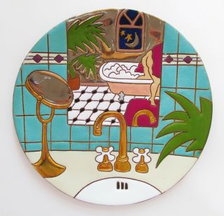 Judy Miller 9 " Plate Signed Art Pottery Bathroom Series Woman Tub Mirror 1988