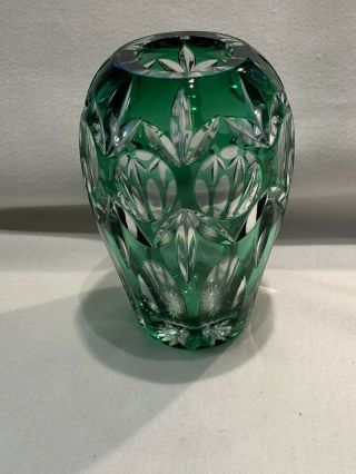 Vintage Bohemian Emerald Green Cut To Clear Small Vase Art Glass Crystal