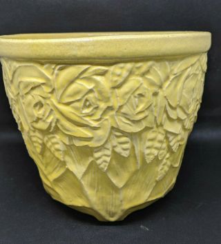 Vintage Mccoy Pottery Flower Pot Planter Yellow Green Jardiniere W/ Rose Pattern