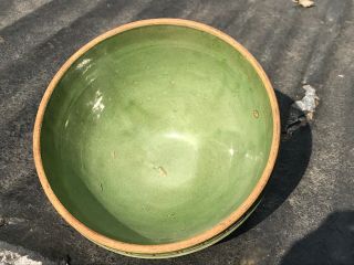 Antique McCoy Windowpane Green Stoneware Bowl Yellow Ware Kitchen Mixing Bowl 9 2