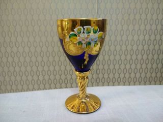 Murano Italian Floral Art Glass Cobalt Blue Small Wine Glass Cup Gold Gilt
