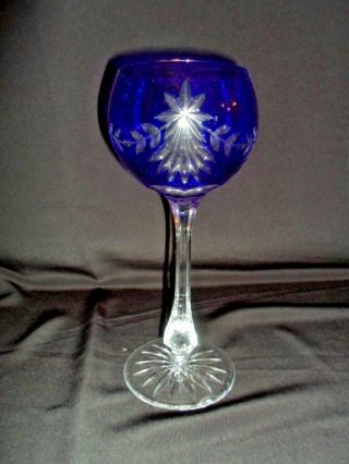 Rare Ajka Cut To Clear Crystal Blue Wine Glass - Hungary