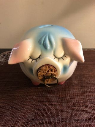 1957 Hull Pottery Corky Pig Piggy Bank Blue & Pink W/ Cork And Nosering