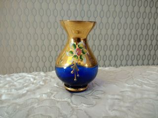 Vintage Murano Italian Floral Art Glass Cobalt Blue Small Flower Vase Gold Gilt
