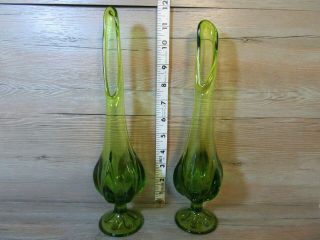 Vintage Pair Hand Made Viking Glass - Green Swung Neck Bud Vases