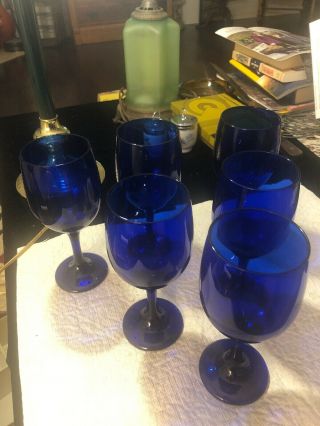 Vintage (6) 7 " Libbey Cobalt Blue Wine Glasses Goblets Water Glasses