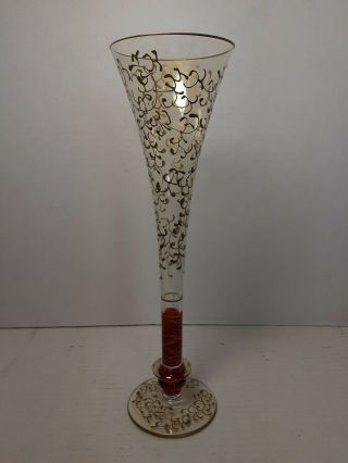 Bohemian Antique Glass Bid Vase Hand Gold Gilt With Red Stem Glass 10.  5 "