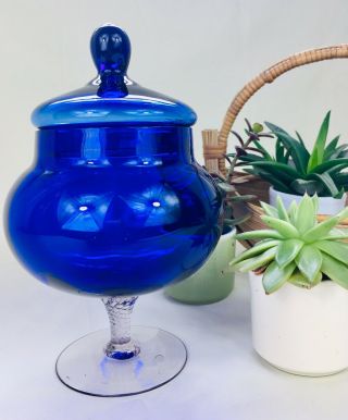 Vintage Italian Empoli Cobalt Blue Glass Apothecary Bon Bon Jar