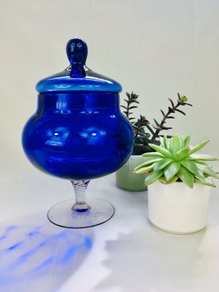 Vintage Italian Empoli Cobalt Blue Glass Apothecary Bon Bon Jar 3